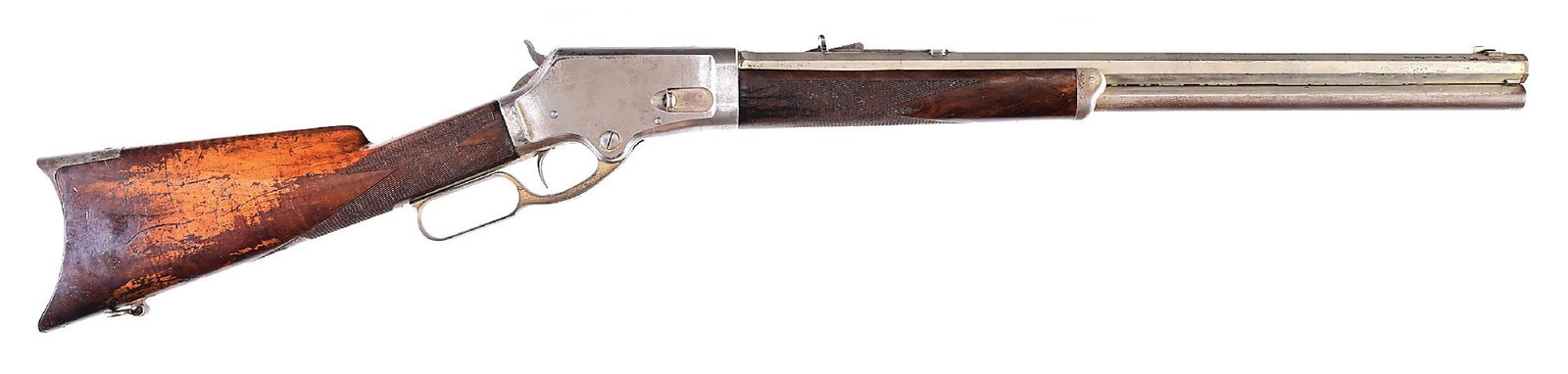 (A) DELUXE MARLIN MODEL 1881 .45-70 LEVER ACTION RIFLE WITH NEW MEXICO TERRITORY PRESENTATION: This is a special order nickel plated large frame short rifle with a heavy full octagon barrel and full length magazine tube. The front sight has a 1" center set back with a 1/2" set back to hanger, w