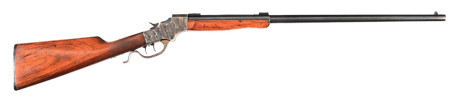 (C) SPECIAL ORDER STEVENS MODEL 45 IDEAL RANGE MODEL - .25-21 SINGLE SHOT RIFLE.: These were produced between 1896 through 1916. The frame exhibits the interior 45 stamp referencing the model. It is built on the robust 44 frame. A Beech folding front sight and Swiss butt plate was 