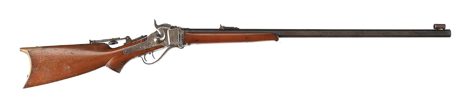 (A) BRIDGEPORT SHARPS MODEL 1874 OLD RELIABLE SPORTING RIFLE: Sharps moved their company from Hartford to Bridgeport in 1876 and it was the first year they stamped the "Old Reliable" legend on the barrel. This example has matching serial numbers on both the base