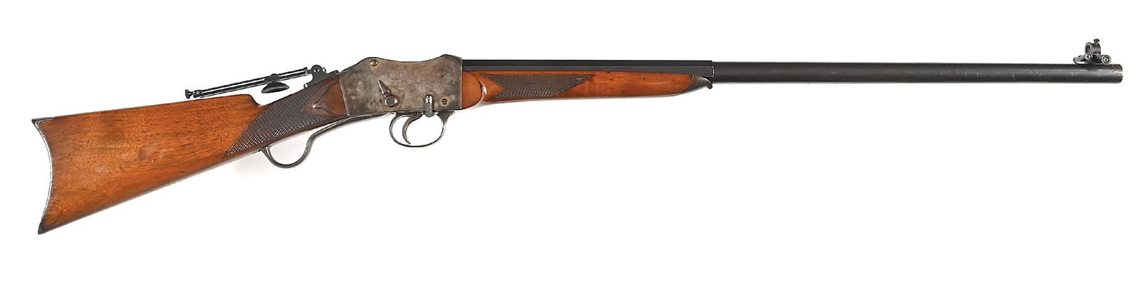 (A) PROVIDENCE TOOL COMPANY PEABODY MARTINI WHAT CHEER MID RANGE .40-70 SINGLE SHOT RIFLE.: Manufactured in Providence, Rhode Island, for less than 10 years. It is estimated that less than 1000 Martinis were made in all variations. "What Cheer Mid Range" is engraved on the left side of the c
