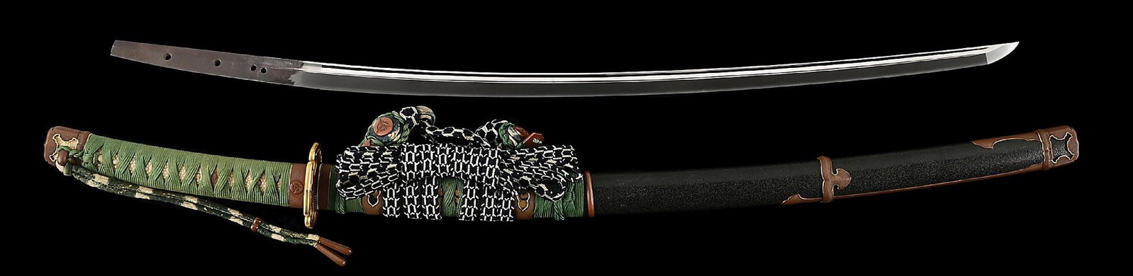 SUE-HOSHO KATANA IN TACHI MOUNTS WITH MATSUDAIRA MON AND NBTHK PAPERS.: The Hosho school is one the most celebrated schools under the Yamato sword making tradition. They were especially well known for their mastery of masame hada, a straight flowing jihada that is noted f