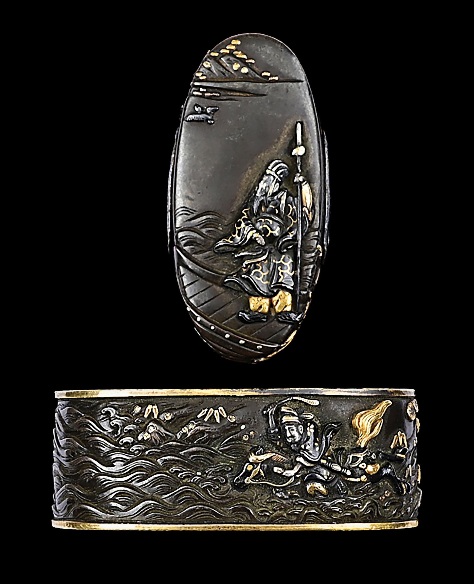 TSUNENAO FUCHI KASHIRA DEPICTING BENKEI AND YOSHITSUNE.: Edo perio, signed "Tsunenao (Kao)" on fuchi, which measures 3.8cm x 2.2cm x 1.4cm. The fuchi has a relief design of Yoshitsune, Benekei's master and the legendary samurai who fought in the Genpei war 