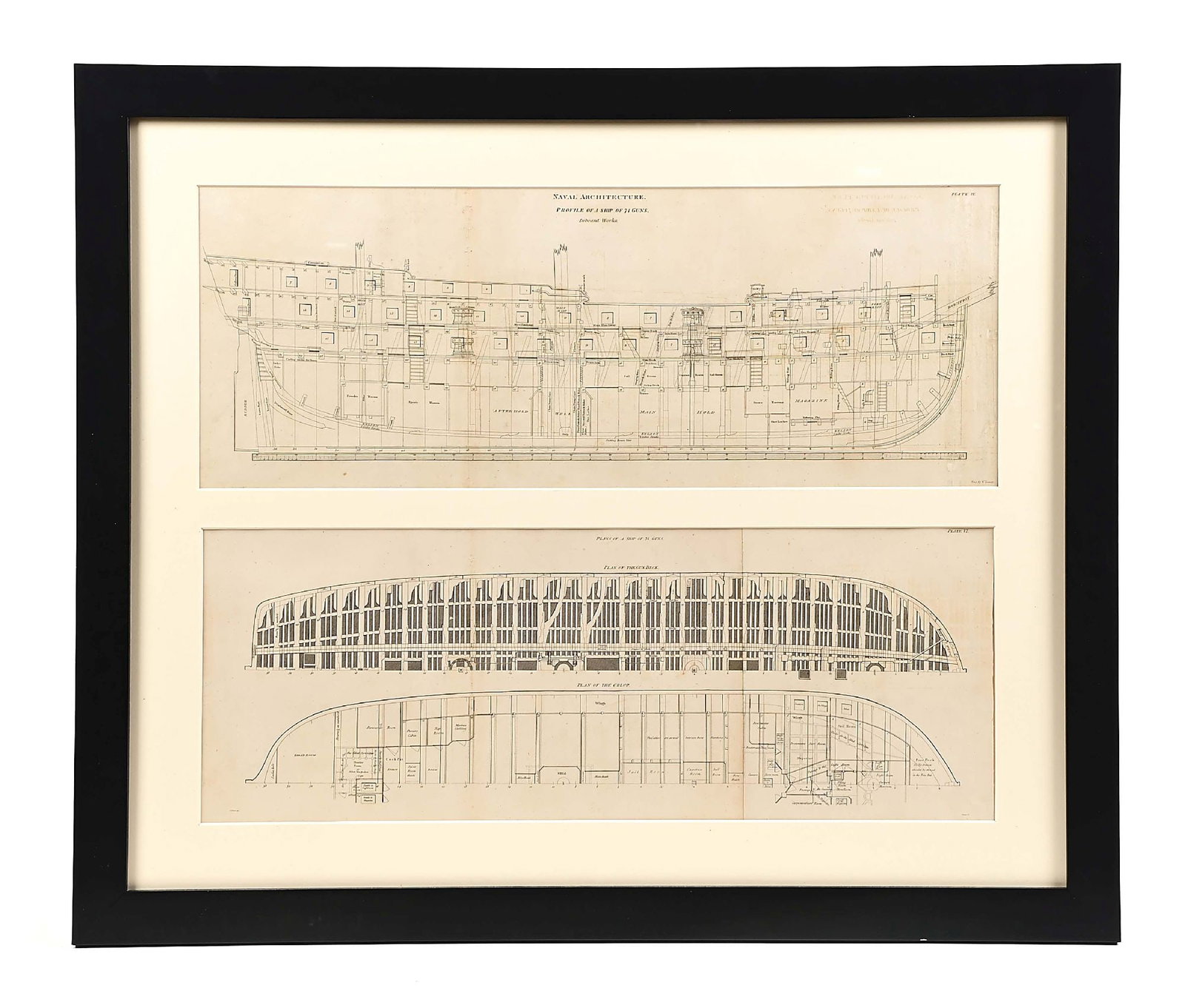 PAIR OF FRAMED, ROYAL NAVY 74-GUN SHIP PLANS. WAR OF 1812 ERA. (1 of 6)