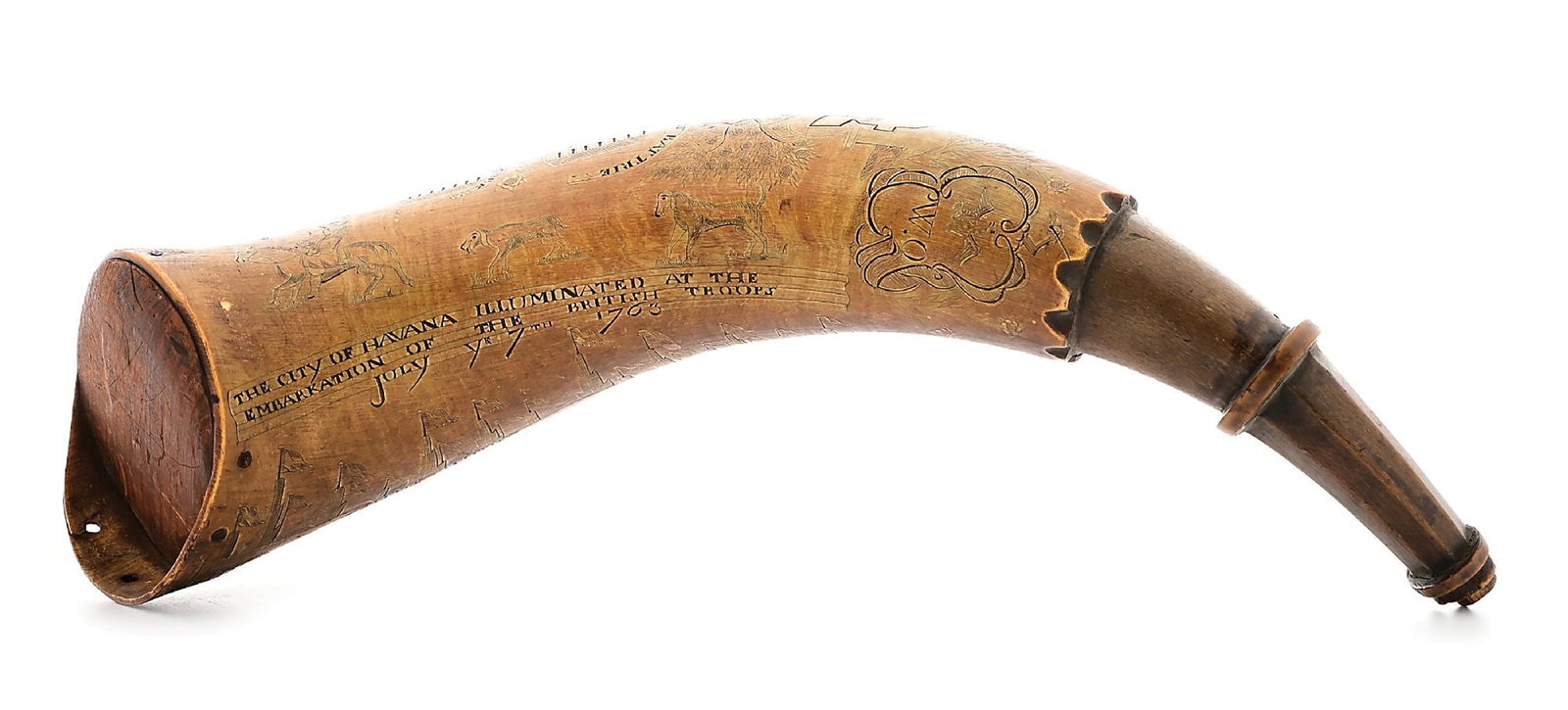 EXCEPTIONAL, RARE, UNTOUCHED, LARGE ENGRAVED HAVANA MAP POWDER HORN DATED JULY 7TH, 1763 AND (1 of 17)