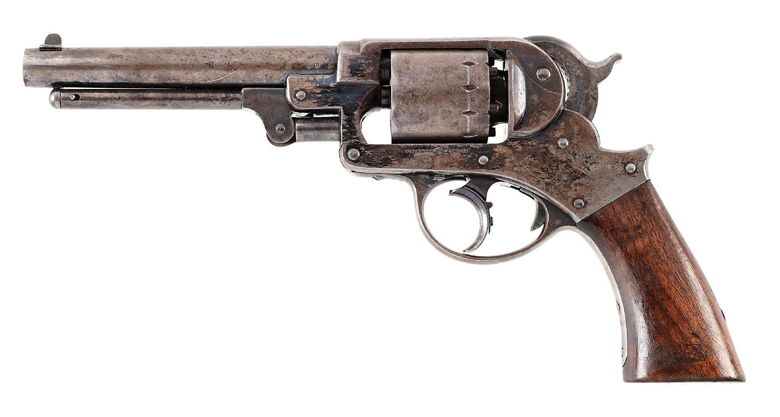 (A) STARR MODEL 1858 ARMY DOUBLE ACTION PERCUSSION REVOLVER: Approximately 20,000 of these revolvers with made in New York, most of which will be found martially marked as is this example. Matching numbers. Revolver features the blue finish, case color lever an