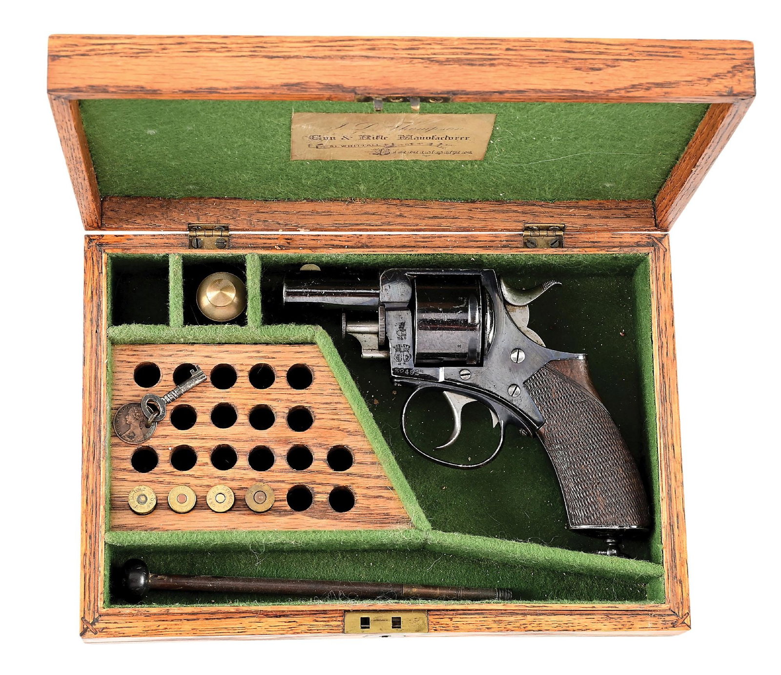 (A) CASED WEBLEY & SCOTT METROPOLITAN POLICE DOUBLE ACTION REVOLVER.: Arguably, one of their more popular Pug guns with the short barrel. Famous cuffed hands on left side of frame along with the W&S winged cartridge and serial number. Left side of barrel is stamped ".45