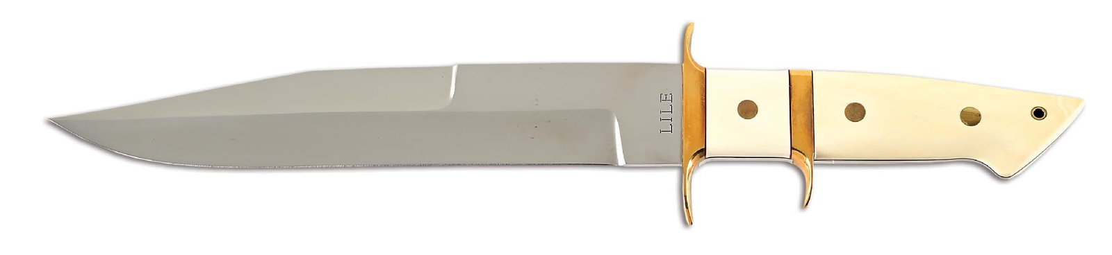 MASSIVE JIMMY LILE SUBHILT FIGHTER.: An immense subhilt fighter crafted by renowned maker Jimmy Lile. The knife features a satin finish clip point blade marked "LILE" on obverse ricasso. The blade measures 11" and remains bright with onl