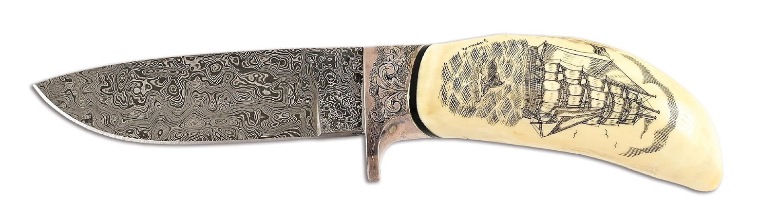 GARY LITTLE CUSTOM SCRIMSHAW WHALE'S TOOTH AND DAMASCUS KNIFE.: Gary Little is a knife maker who lives on the Oregon coast who has been making knives for about 20 years. The knife features a Damascus blade marked "G. Little" on obverse ricasso and "Broadbent Or." 