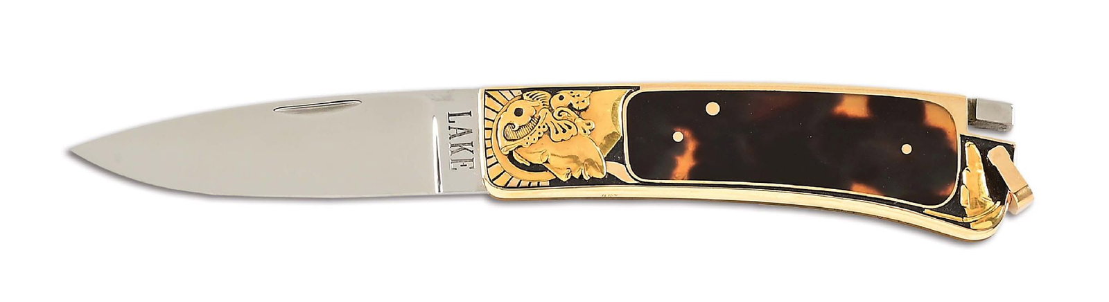 RON LAKE CUSTOM GOLD ENGRAVED FOLDER WITH EXOTIC SCALES. (1 of 6)
