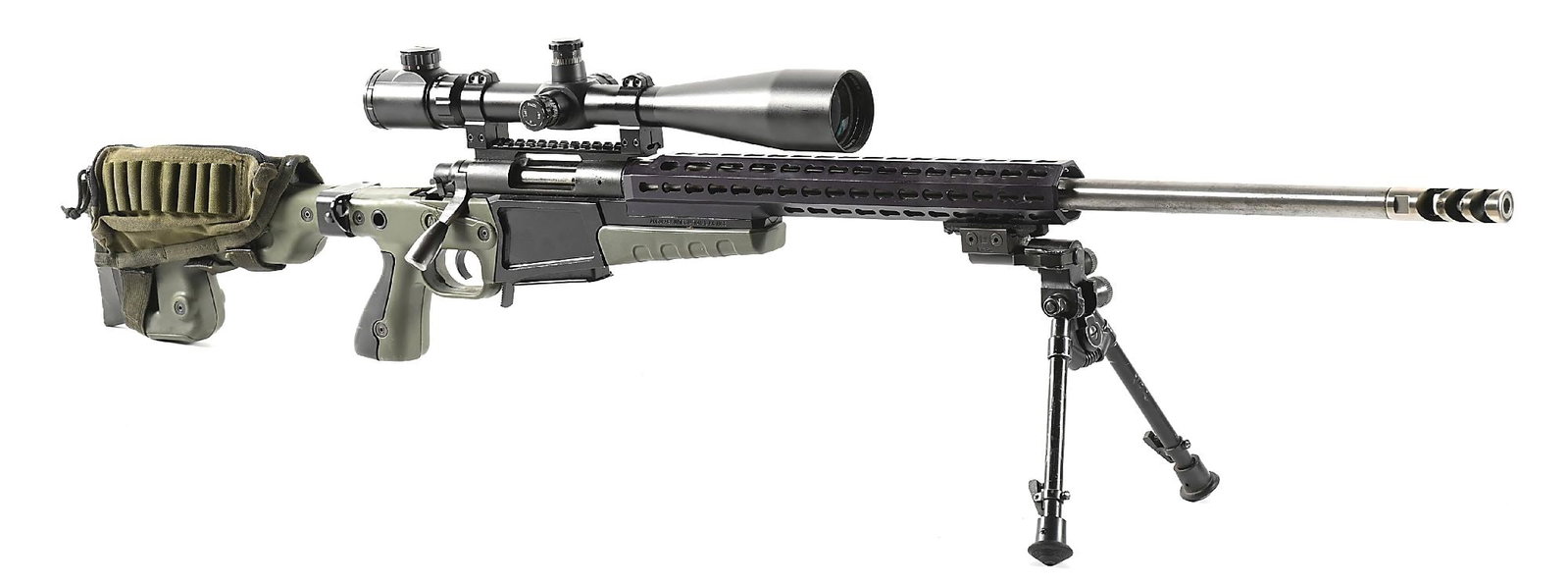 (M) REMINGTON MODEL 700 .308 WINCHESTER BOLT ACTION RIFLE WITH ACCURACY INTERNATIONAL CHASSIS: Unmarked as to caliber, but a .308 snapcap functions appropriately. Custom heavy taper barrel with muzzle brake with three slanted ports, Accuracy International AT AICS chassis with KeyMod forearm, fo