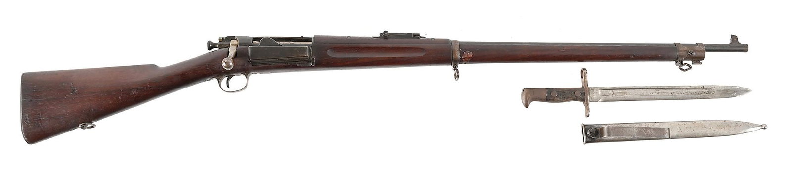 (C) US SPRINGFIELD ARMORY KRAG MODEL 1898 .30-40 BOLT ACTION RIFLE.: This rifle dates to 1902 with the bold JSA 1902 cartouche on left side at wrist and script "P". Rifle has the updated 1901 rear sight and hand guard; all else is standard issue. Comes with a US 1897 b