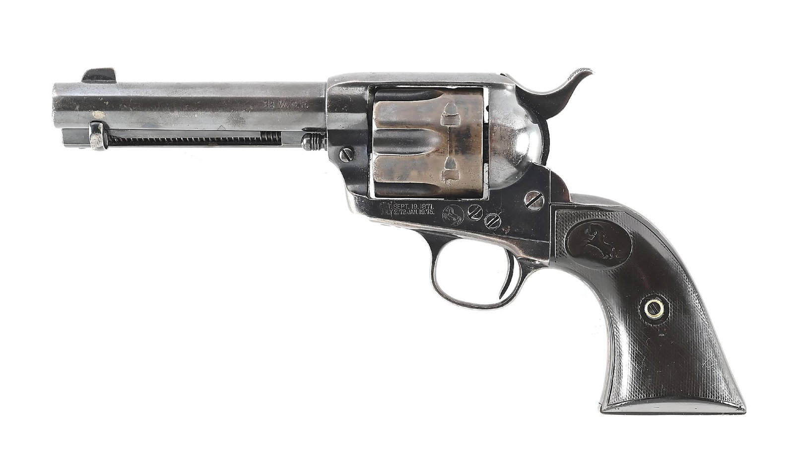 (A) ANTIQUE COLT SINGLE ACTION ARMY .32 WCF REVOLVER (1897).: Standard blue and case finish, fixed sights, correct two line Colt barrel legend, correct two line Colt patent legend and pony on left side of frame, and correct style Colt gutta percha grips. Matchin