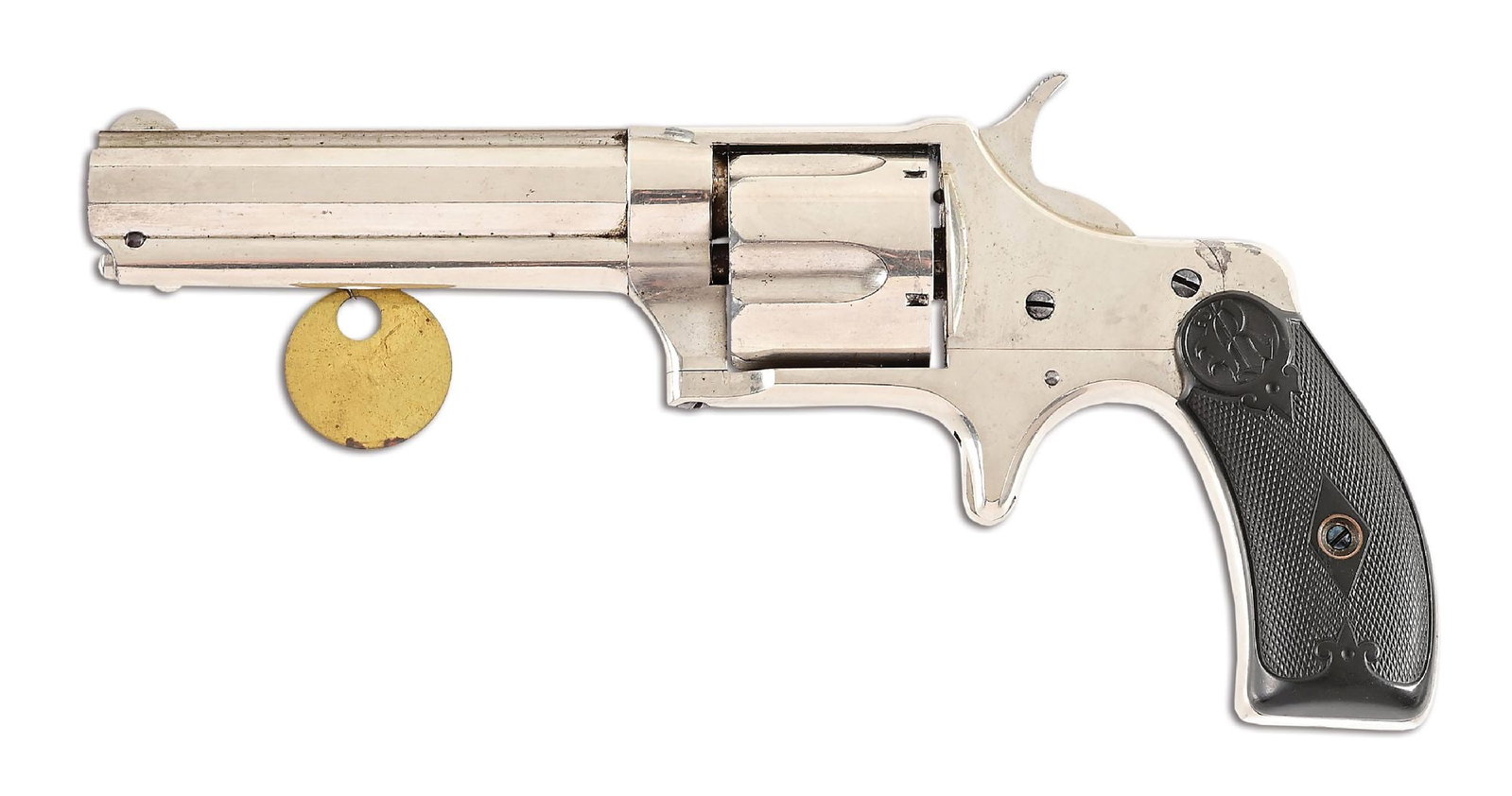 (A) SCARCE REMINGTON-SMOOT NEW MODEL NO 3 .38 CENTERFIRE SINGLE ACTION REVOLVER.: Offered from 1878 through 1888, this example is in the very scarce .38 centerfire. Saw handle model with estimated production in both calibers around 6000. Ribbed octagon barrel, small half moon front