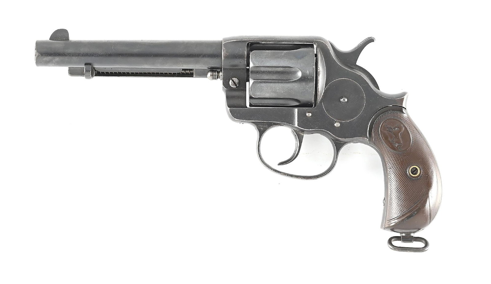 (A) COLT MODEL 1878 DOUBLE ACTION REVOLVER (1879): Dates to 1879, second year of production. Standard features include lanyard ring, blue finish, gutta percha birdshead grips. The cylinder is stamped 349 instead of 549, presumably an error. Loading ga