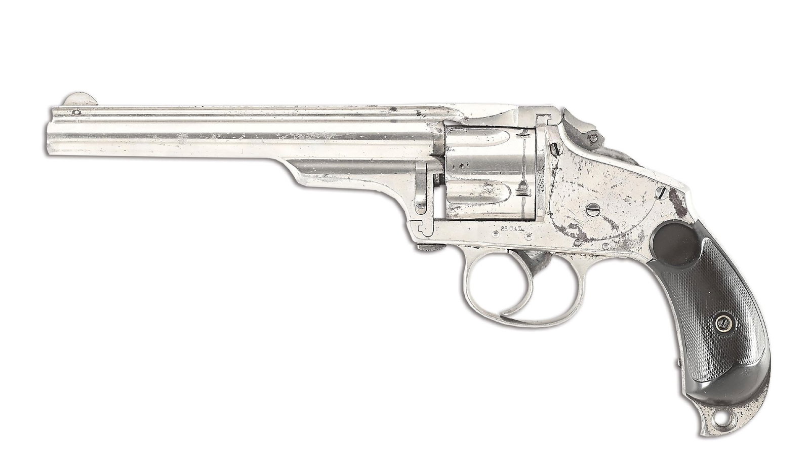 (A) MERWIN & HULBERT POCKET MODEL .38 M&H DOUBLE ACTION REVOLVER.: This variation features the closed top frame, folding hammer, nickel finish, solid rib, half moon front sight, and birdshead frame with checkered gutta percha grips. Matching numbers on frame, barrel 