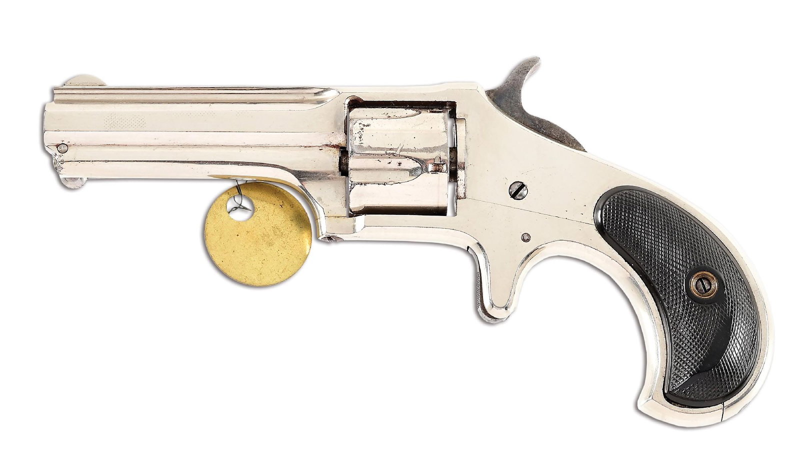 (A) EARLY REMINGTON SMOOT NEW MODEL NO. 1 SINGLE ACTION REVOLVER.: Produced from 1875 through 1877. Type II bird's head grip model with an estimated production was around 2300. Ribbed octagon barrel, small half moon front sight, gutta percha grips, nickel finish, and