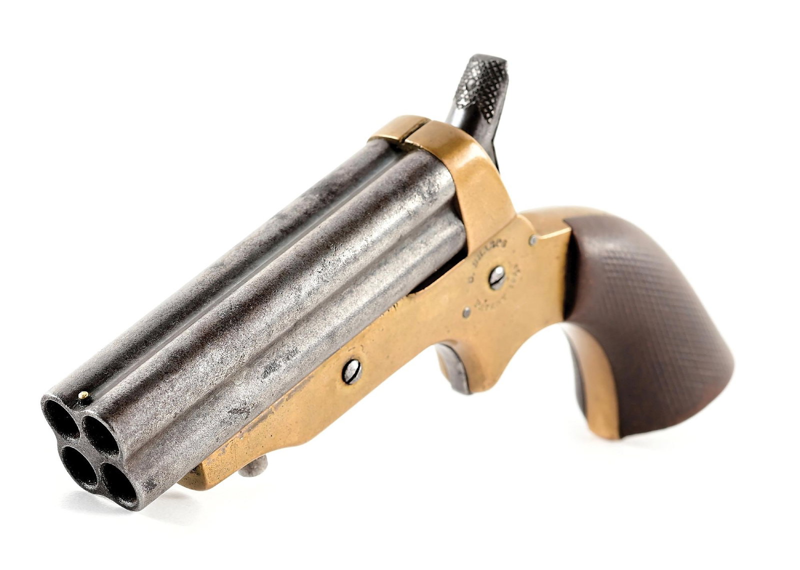 (A) SHARPS MODEL 2A PEPPERBOX DERRINGER: Standard model but with checkered walnut grips with standard brass frame and four iron barrels. Sharps legends on both sides of frame. CONDITION: Very good. Brass is toned. Barrel are age freckled pat