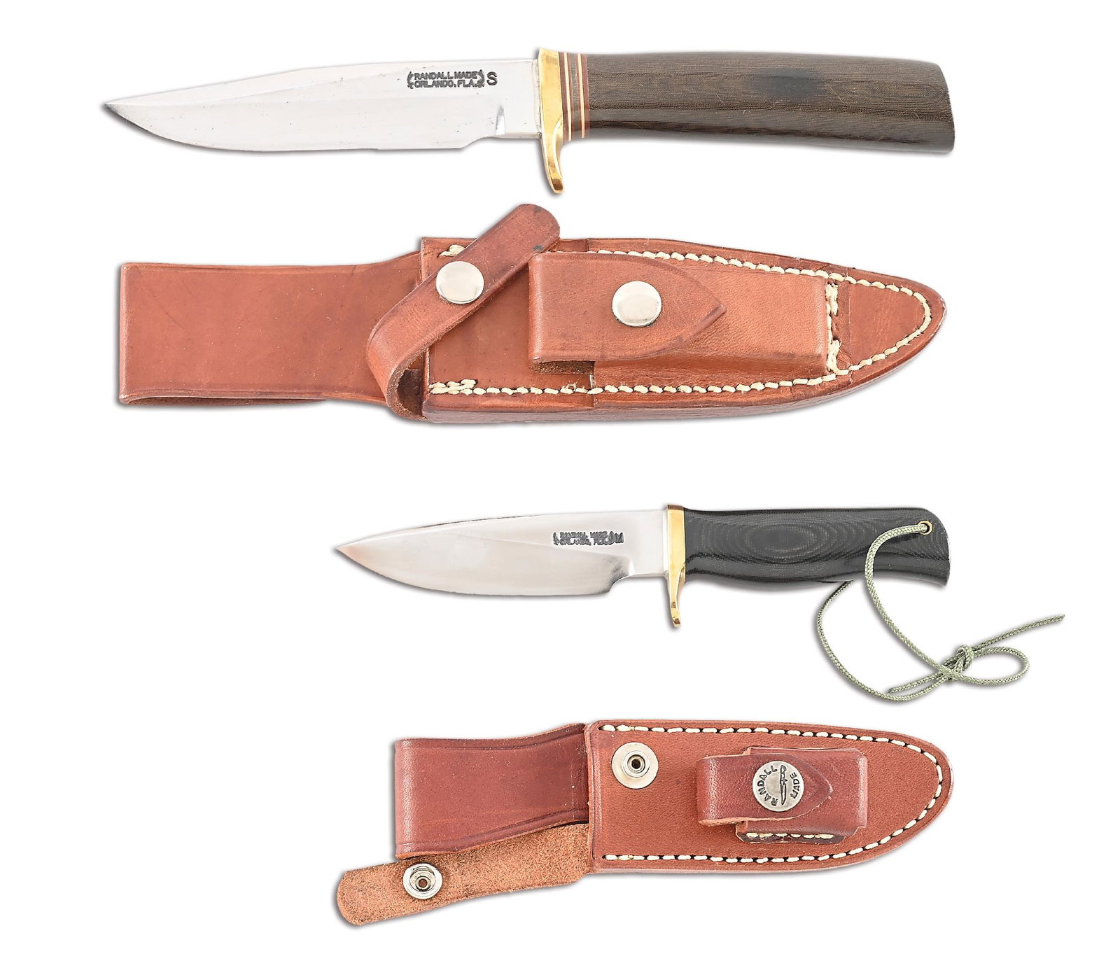 LOT OF 2: RANDALL MODEL 5-5 CAMP AND TRAIL AND RANDALL RKS-5 KNIVES.: Lot consists of: (A) Randall Model 5-5 with clip point blade marked "RANDALL MADE / ORLANDO, FL" between Randall's signature scimitars and separate "S" denoting stainless steel construction. Blade is 