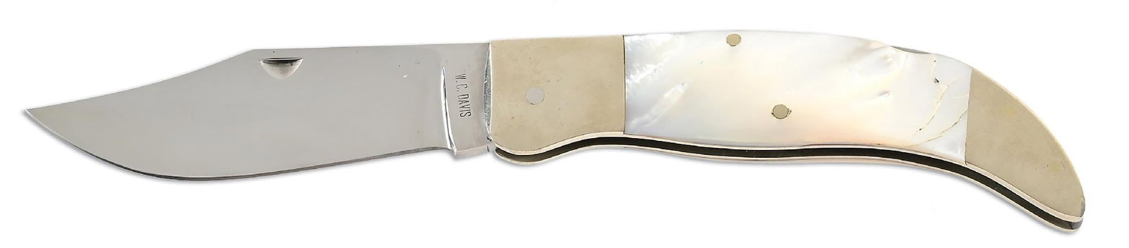 W.C. DAVIS MOTHER OF PEARL FOLDER.: Mirror polished clip point blade with thick nail nick assist marked "W.C. DAVIS" on obverse ricasso. Blade exhibits a few light blemishes. Silvered bolsters. Thick Mother of Pearl scales are secured b
