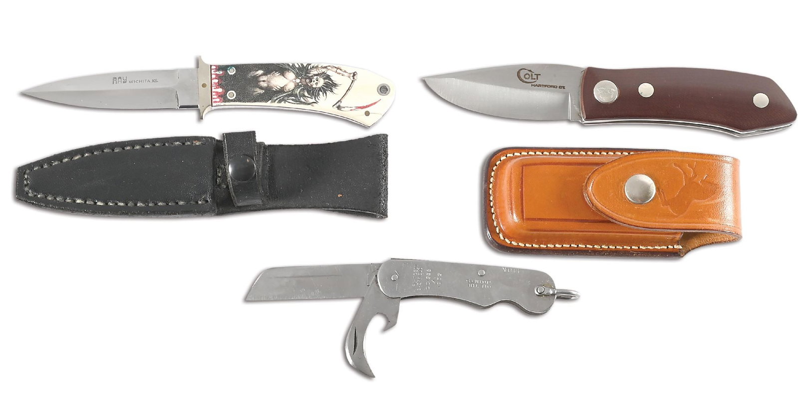 LOT OF 3: RAY MICHAEL BELT KNIFE, COLT SWING HUNTER, AND A. WRIGHT & SON POCKET KNIFE. (1 of 5)
