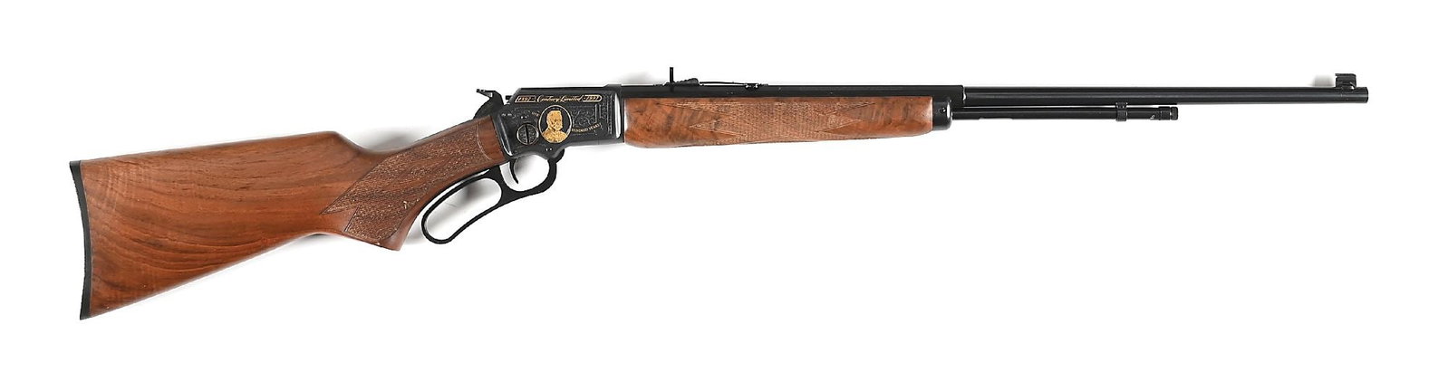 (M) MARLIN MODEL 1897 CENTURY LIMITED LEVER ACTION .22 RIFLE: This deluxe engraved rifle was produced in 1997 to commemorate 100 years of the Model 1897. Less than 3000 were produced. The receiver has an engraved pattern scroll with gold inlays. The right side h
