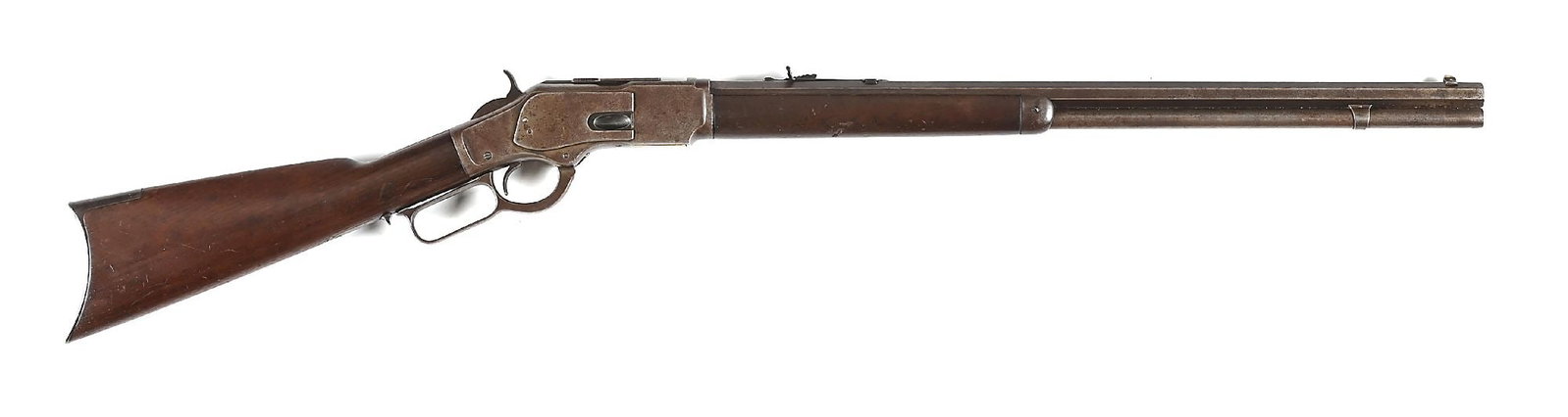 (C) WINCHESTER MODEL 1873 .38-40 LEVER ACTION RIFLE.: Dates to 1899. Standard rifle with octagon barrel, full length magazine, dovetailed Winchester silver tip blade front sight, semi-buckhorn rear sight, blue finish, and walnut stock with rifle