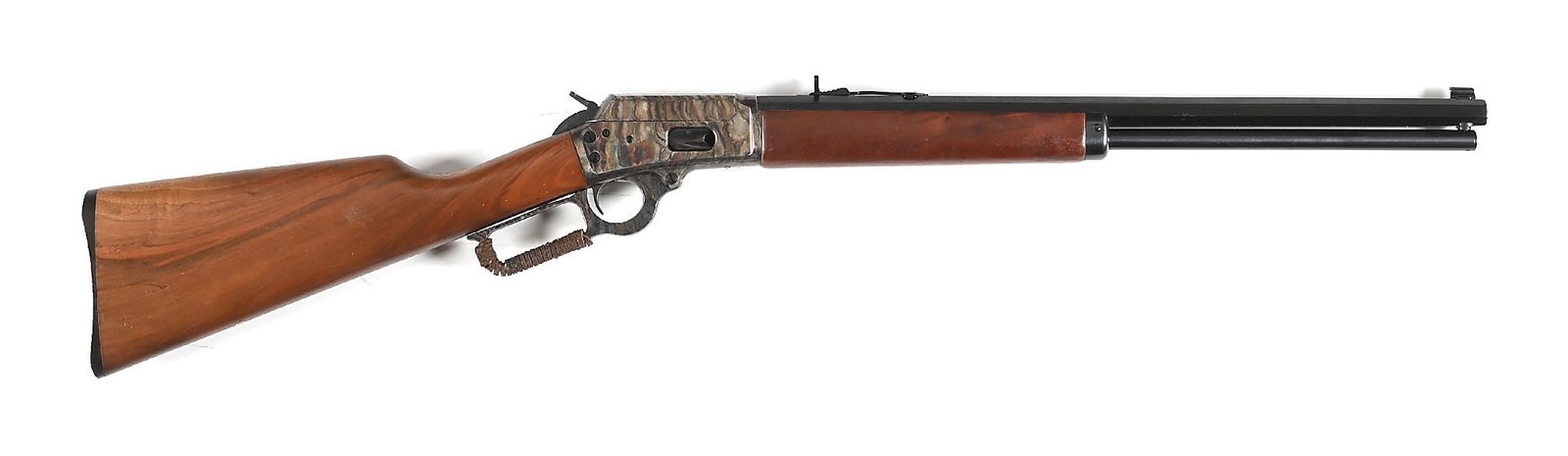 (M) MARLIN MODEL 1894 COWBOY COMPETITION LEVER ACTION SHORT RIFLE: This special gun features the blued octagon barrel with special legend, full length magazine tube, dovetailed bead front sight, semi-buckhorn rear sight, case colored frame and lever, leather covered 