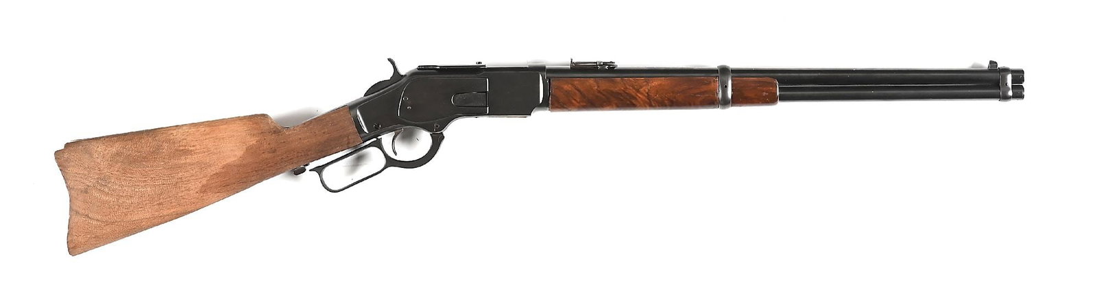 (A) WINCHESTER THIRD MODEL 1873 .44-40 LEVER ACTION SADDLE RING CARBINE: Dates to 1884. Standard features to include full length magazine tube, pinned blade post front sight, folding ladder carbine rear sight, saddle ring stud, and walnut stock and forearm. Missing saddle