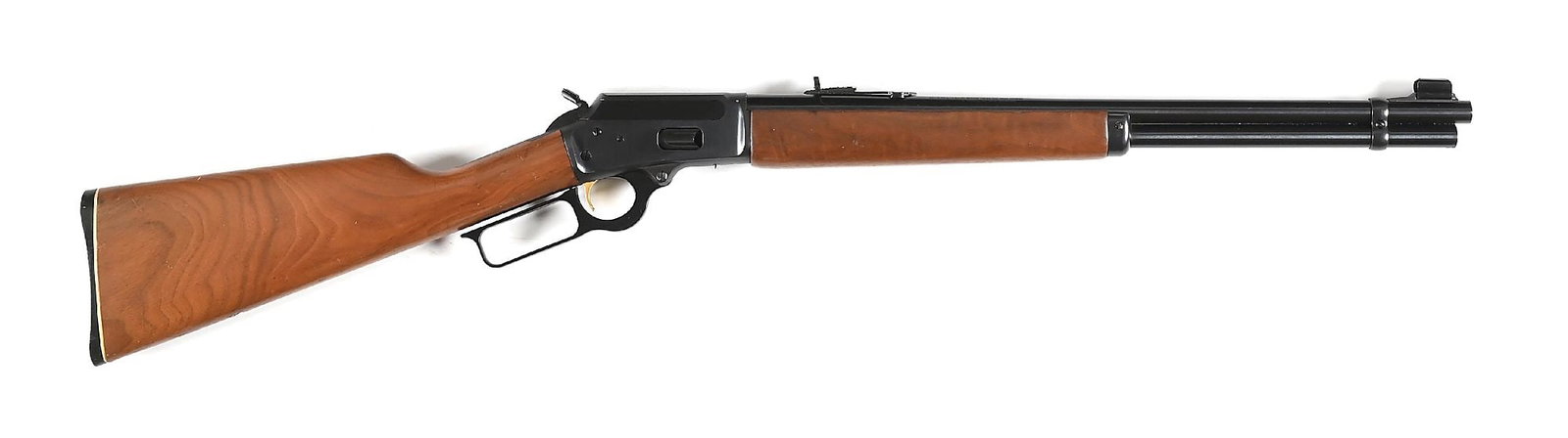 (M) MARLIN MODEL 1894 .44 MAGNUM LEVER ACTION CARBINE: Standard carbine with blue finish, full length magazine, hooded ramp front sight, semi-buckhorn rear sight, gold-washed trigger, walnut stock missing bulls eye, black Marlin buttplate, and matching
