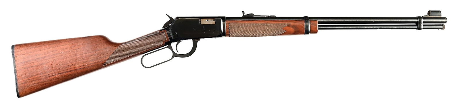 (M) WINCHESTER MODEL 9417 .17 HMR LEVER ACTION RIFLE.: Brass bead front sight on island relieved for a removable hood and a serrated ramp. Adjustable semi-buckhorn rear sight with typical legends on left side of barrel, with some white paint added to