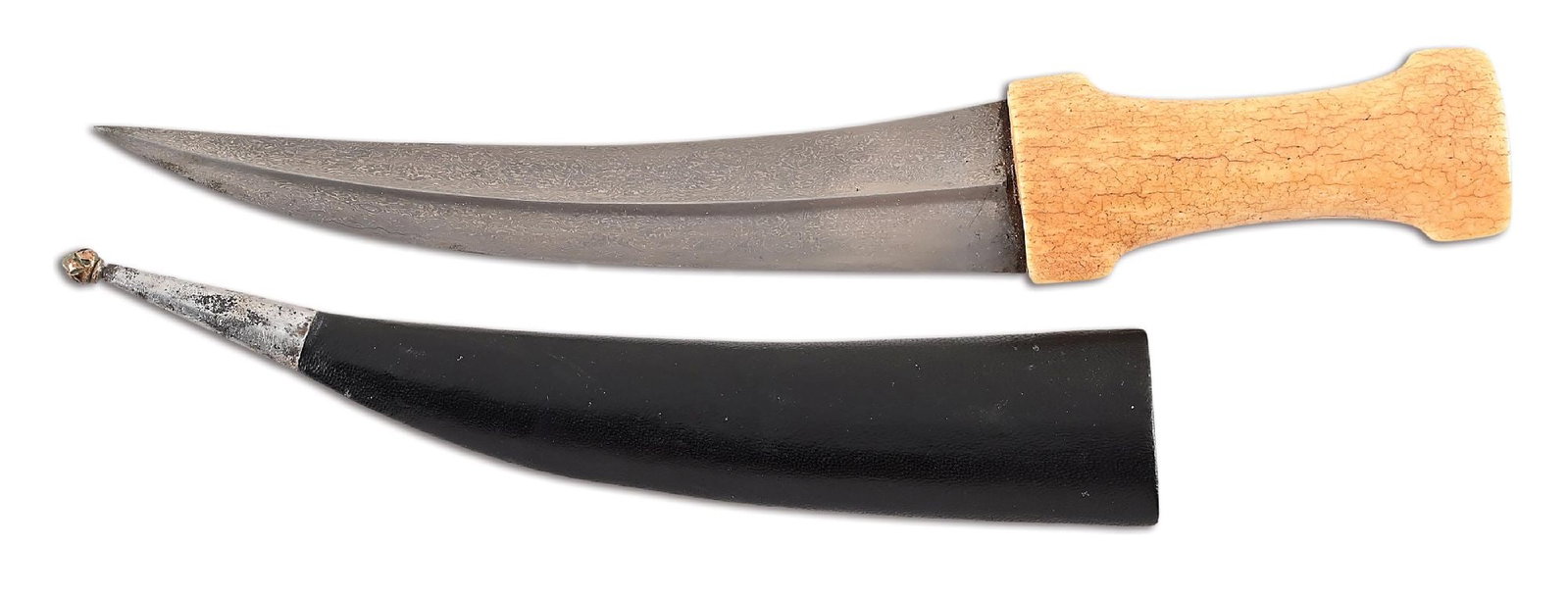 KHANJAR: Circa 19th century. Wootz double edged blade with gray patina. Hidden tang construction with fossil ivory handle. The handle exhibits hairlines but remains sturdy. Complete with its leather wrapped wo