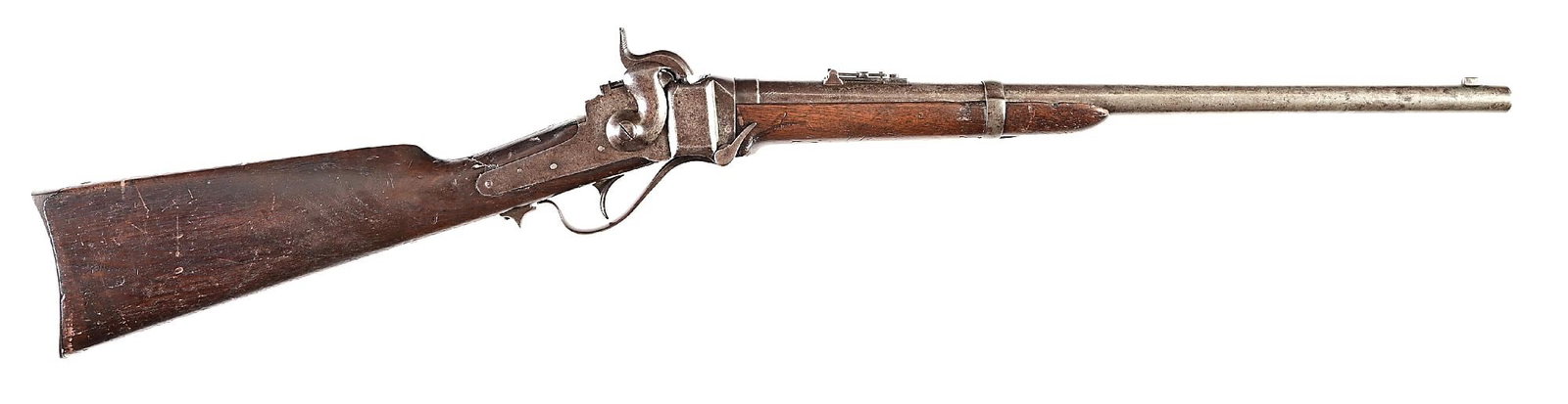 (A) SHARPS NEW MODEL 1863 PERCUSSION CARBINE: One of the most popular and well used weapons of the Civil War, prized on both sides of the conflict. This is a standard carbine with saddle ring and bar, single band, Lawrence stamped rear ladder sig