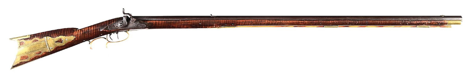 (A) UNSIGNED WILLIAM CRAIG ATTRIBUTED PERCUSSION KENTUCKY RIFLE.: A nice example of the Pennsylvania gunmaker's work of this period. Unmarked rifled octagonal barrel. Brass toeplate and faceted full crescent buttplate. Very nice engraved four-piece brass patchbox. T