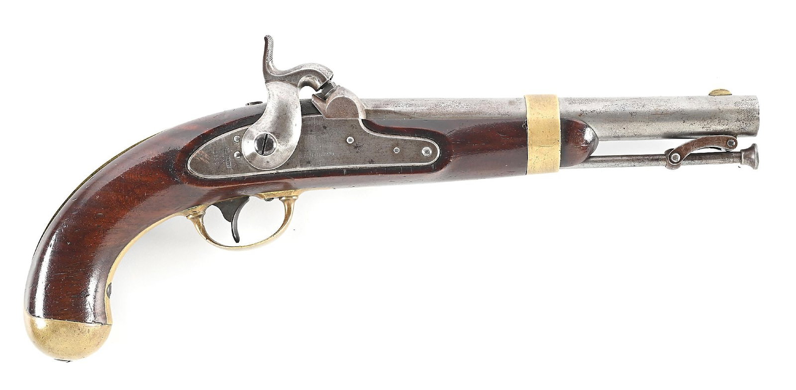 (A) US MODEL 1842 PERCUSSION PISTOL BY H. ASTON.: Approximately 6,000 made from 1851 through 1852 in Middletown, Connecticut. This example is dated 1852 on lock and tang. Stamped with maker and US on lock with WN for Walter North inspector stamp on b