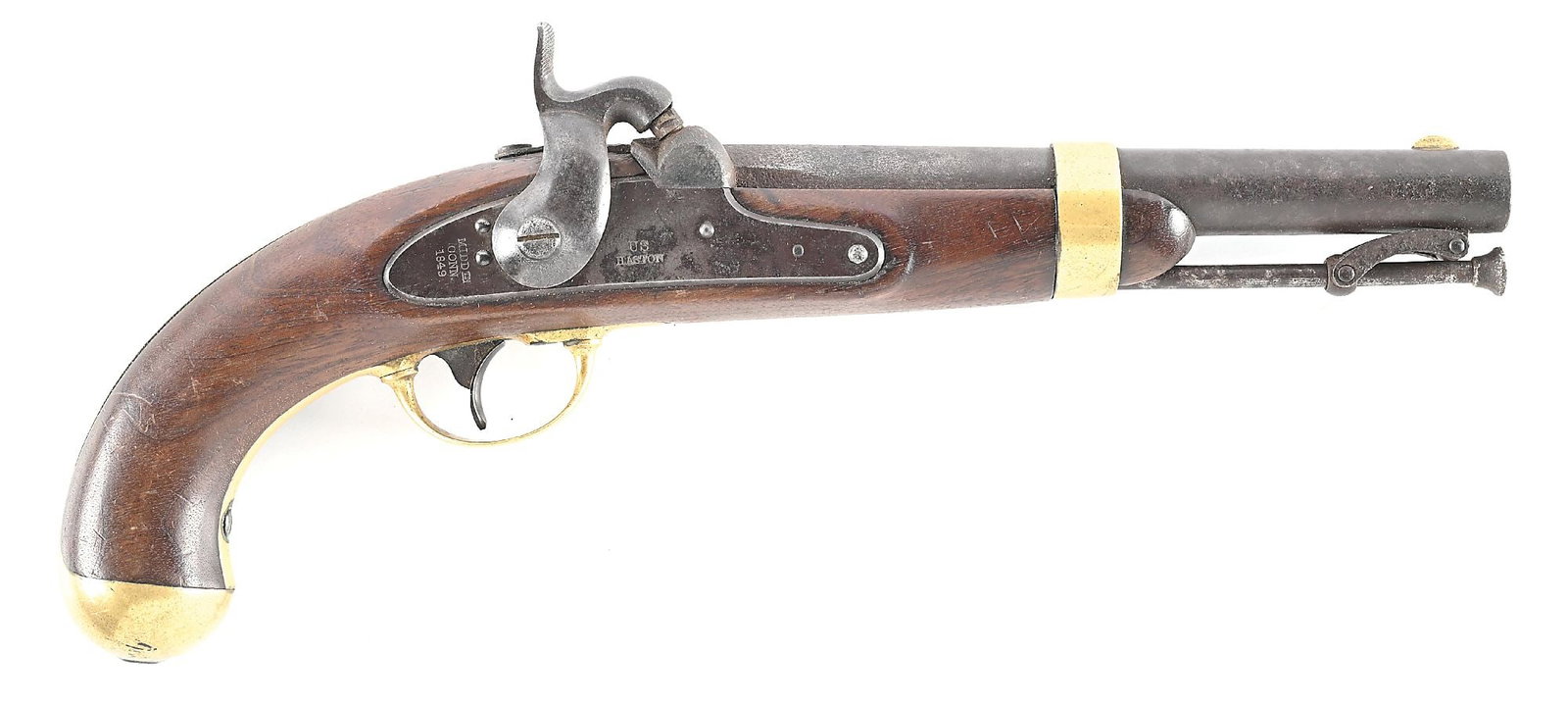 (A) US MODEL 1842 PERCUSSION PISTOL BY H. ASTON.: Approximately 24000 were manufactured from 1846 through 1850 in Middletown, Connecticut. This example is dated 1849 on lock with US and maker. "SK" inspector stamp for Samuel Knous with "P". Left side