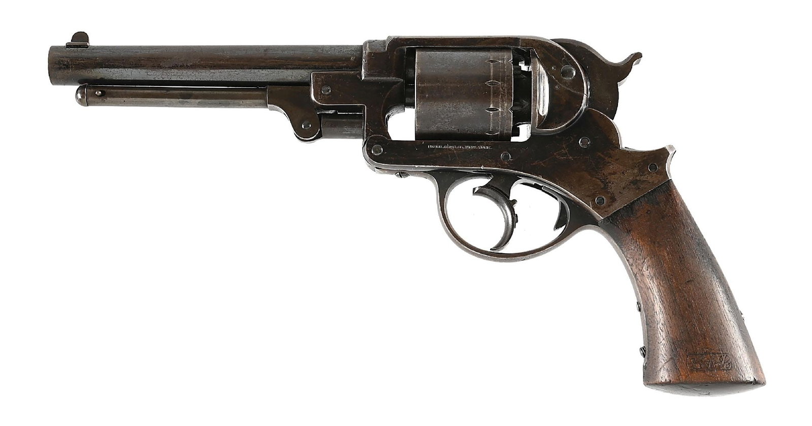(A) STARR MODEL 1858 ARMY DOUBLE ACTION PERCUSSION REVOLVER: Produced and inspected in 1860, this blued finish revolver features matching numbers on the cylinder and frame. The frame is roll marked with the Starr Arms, New York. The revolver is dual inspected, 