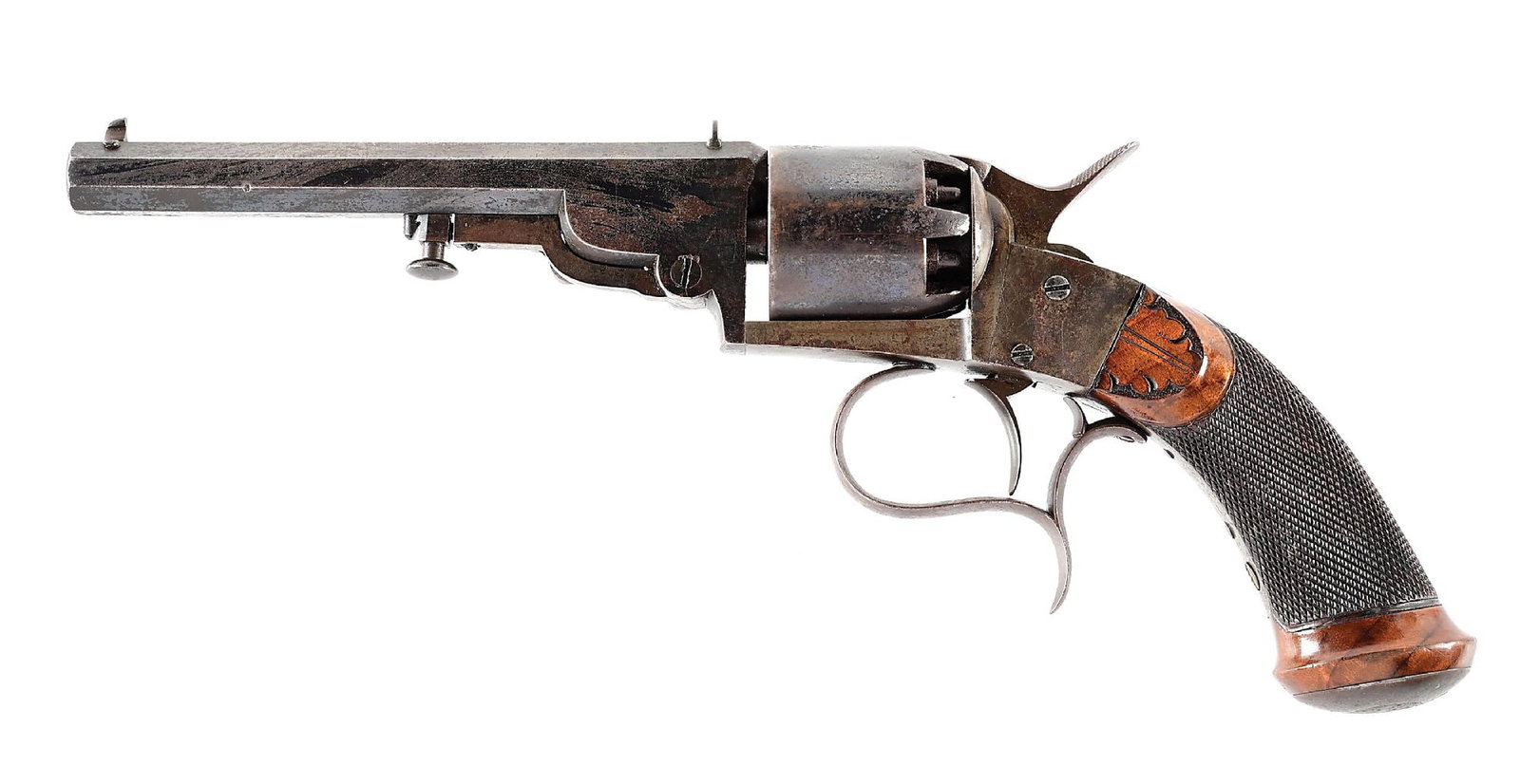 (A) HOULLIER-BLAUCHARD SINGLE ACTION PERCUSSION REVOLVER.: Parisian percussion revolver by Houllier-Blauchard of Paris. Octagon barrel with Adams patent loading lever on right side. Locking bar barrel retaining system on underside of barrel. Long spur checker