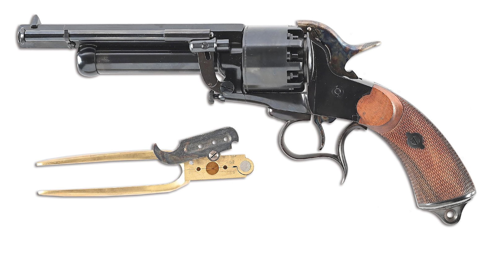 (A) NAVY ARMS LEMAT PERCUSSION GRAPESHOT REVOLVER.: The first Italian made Lemat copies were made by Pietta and marketed by Navy Arms beginning in 1985. Features the high polish blue finish, octagon barrel, case color hammer, dovetailed front sight, ch