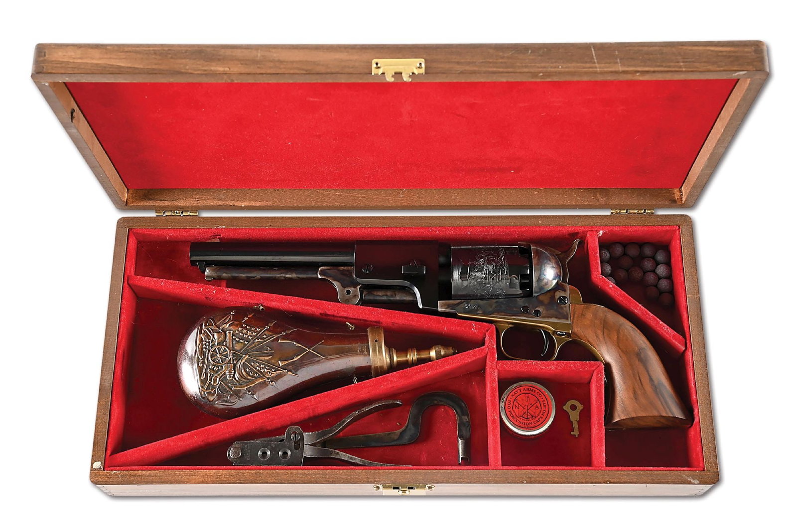 (A) CASED 2ND GENERATION COLT 3RD MODEL DRAGOON SINGLE ACTION PERCUSSION REVOLVER.: Dates to 1974-78. The reintroduction of the classic 3rd Model Dragoon with all standard features to include the blue and case color finish, roll die Texas Ranger cylinder scene, round brass trigger gu