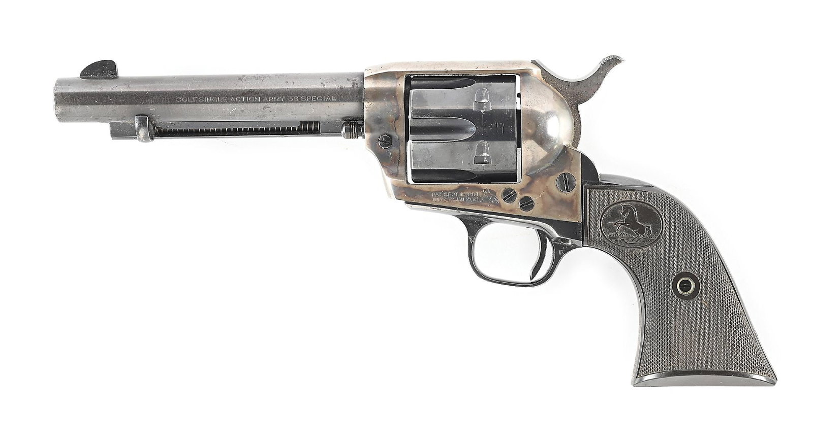 (C) SECOND GENERATION COLT SINGLE ACTION ARMY .38 SPECIAL REVOLVER (1956).: Dates to 1956, the first year of production for the second generation guns. It is finished in standard blue and case color with fixed sights. The Colt checkered black grips both have the hand etched m