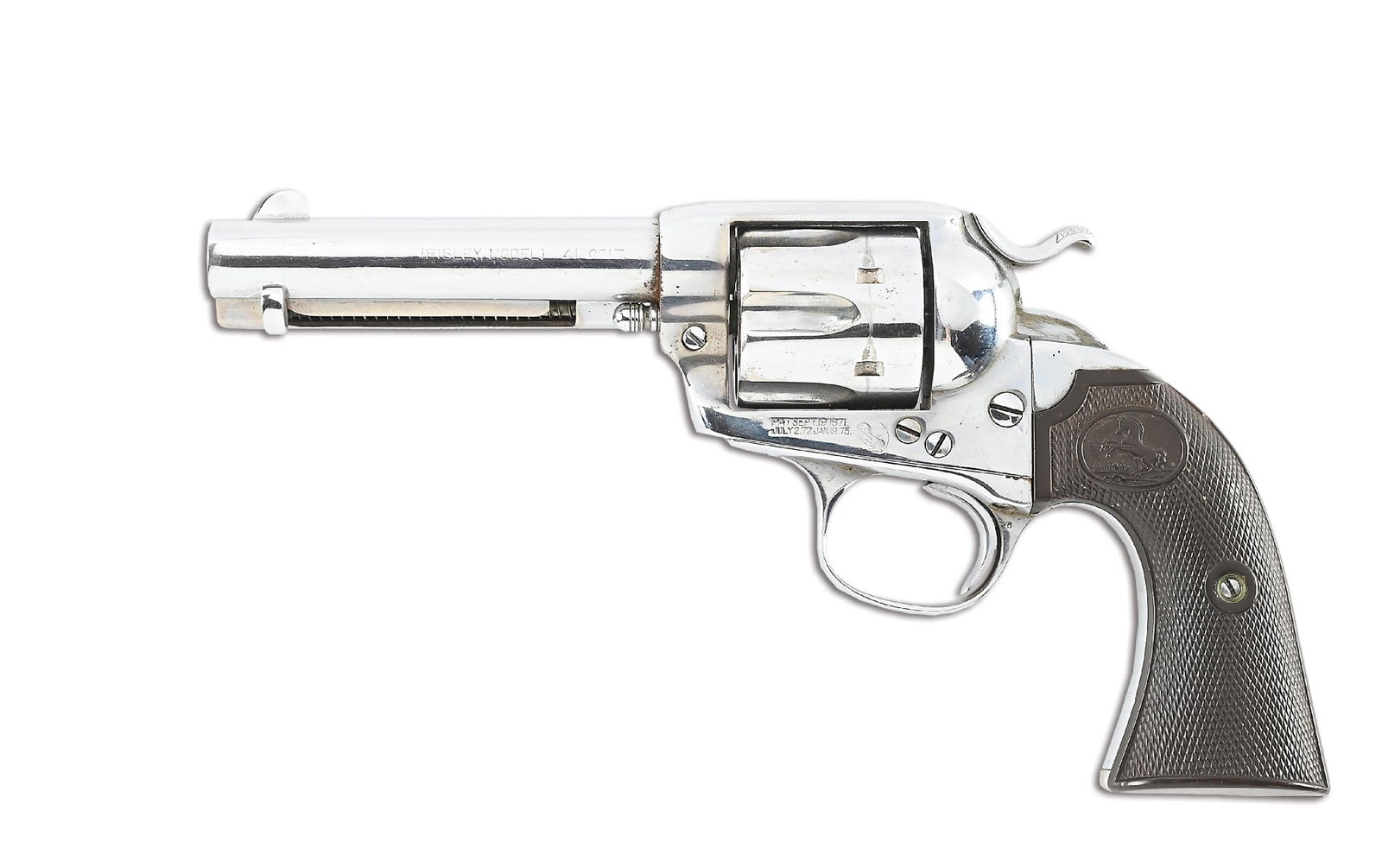 (C) COLT BISLEY MODEL .41 SINGLE ACTION ARMY REVOLVER.: Dates to 1907. This revolver features the Bisley Model stamped barrel. The top Colt legend is no longer visible. Has three line patent legend on frame. Reapplied nickel finish, Bisley hammer, and gutt