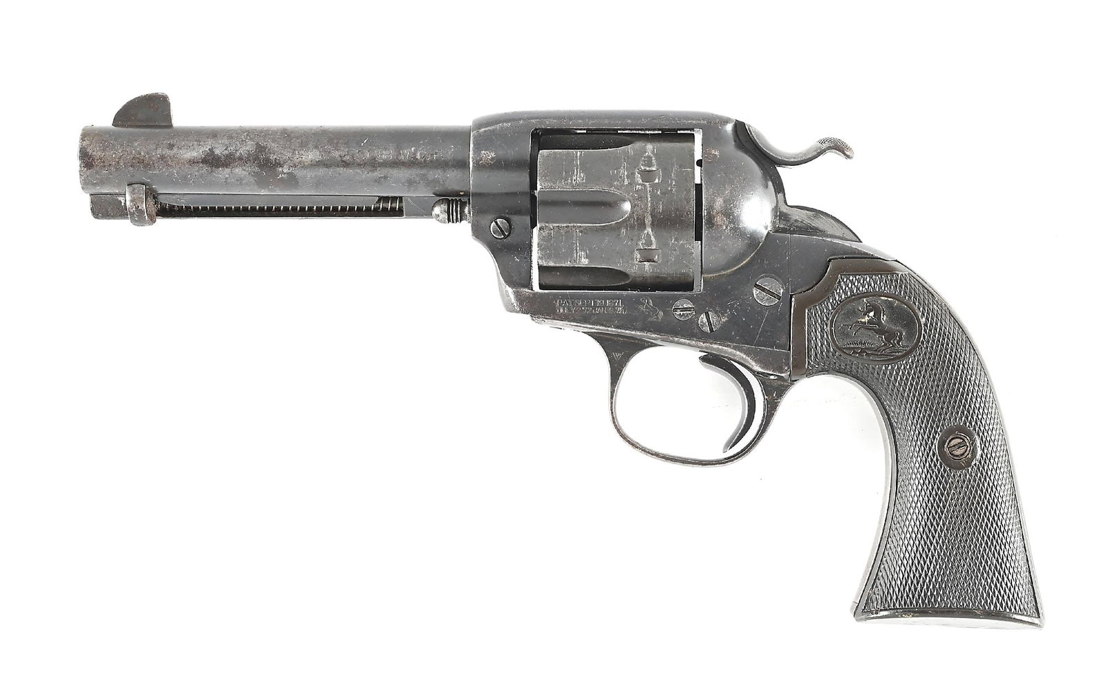 (C) COLT BISLEY MODEL .38 WCF SINGLE ACTION ARMY REVOLVER (1913).: Dates to 1913. Standard features include the Bisley Model stamped barrel with two line Colt legend. Frame has the two line patent legend with pony and VP proof on guard. Wide Bisley hammer and the gut