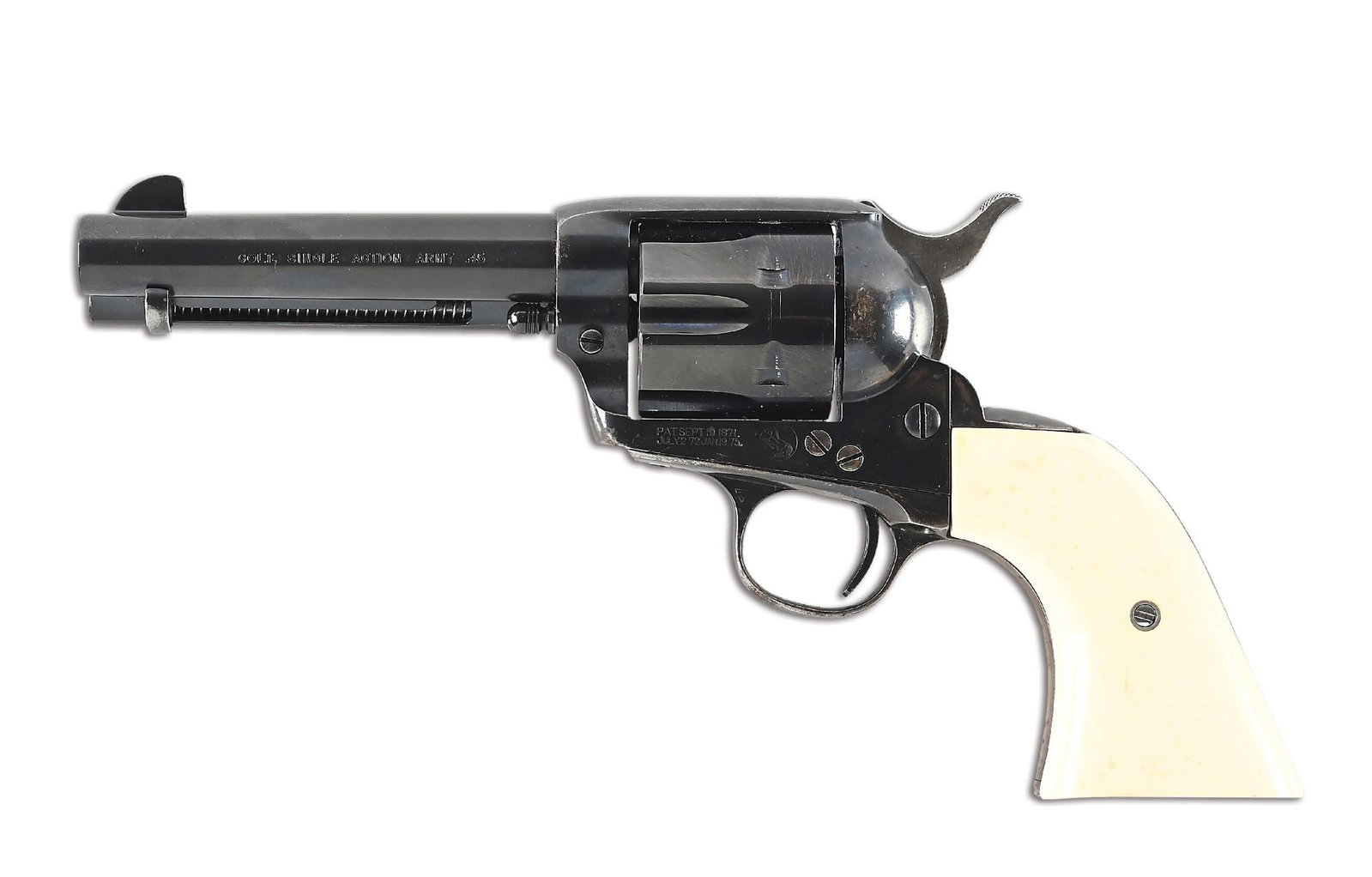 (C) COLT SINGLE ACTION ARMY .45 LC REVOLVER (1911): Originally dates to 1911. Now fit with a blued second generation one line address barrel and cylinder with pony stamp. Hammer is a post war replacement. Grips are polished two piece ivory. Finish is b