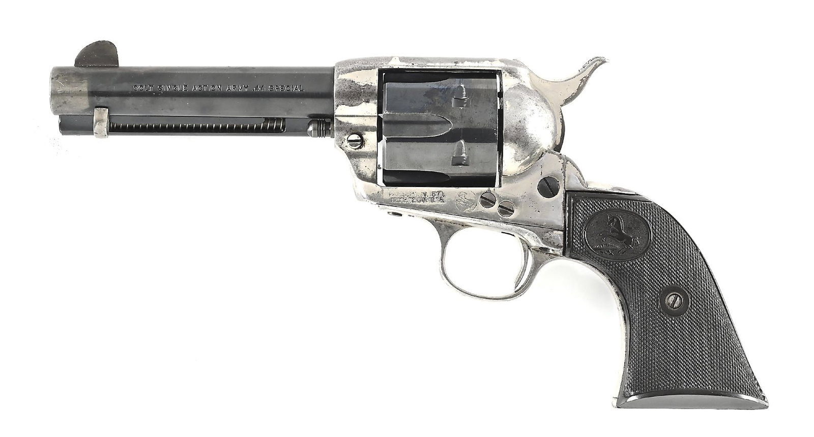 (C) COLT SINGLE ACTION ARMY .44 SPECIAL REVOLVER.: Originally built in 1902 and shows all visible matching numbers. The barrel and cylinder were replaced to alter caliber and are both blued. The barrel has a single line Colt legend rather than the two