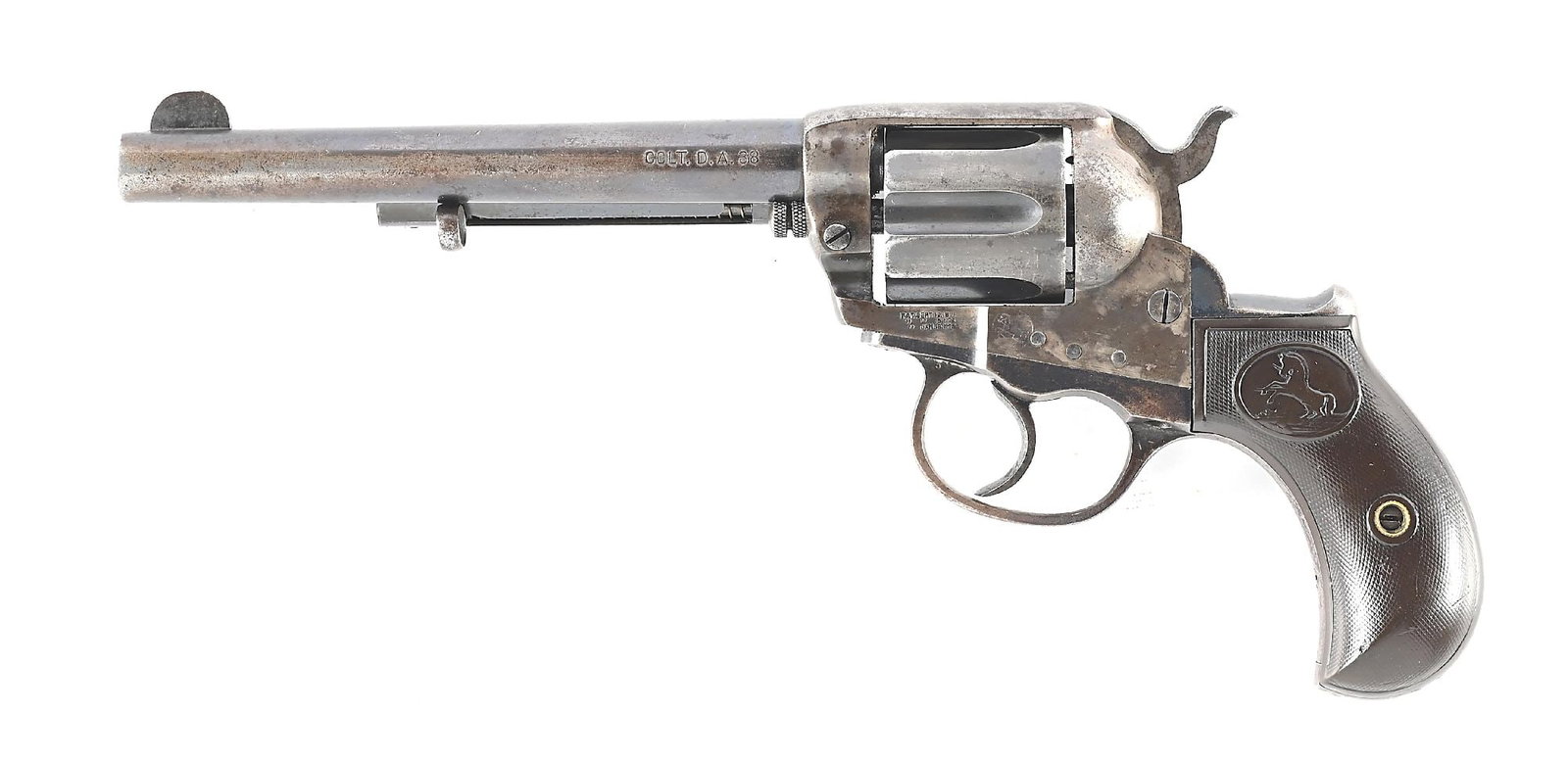(C) COLT MODEL 1877 LIGHTNING DOUBLE ACTION REVOLVER.: Dates to 1904. Desirable long barrel with standard blue and case color finish, full front sight, and Colt gutta percha bird head grips. Barrel has the two line Colt legend with caliber on left side. F
