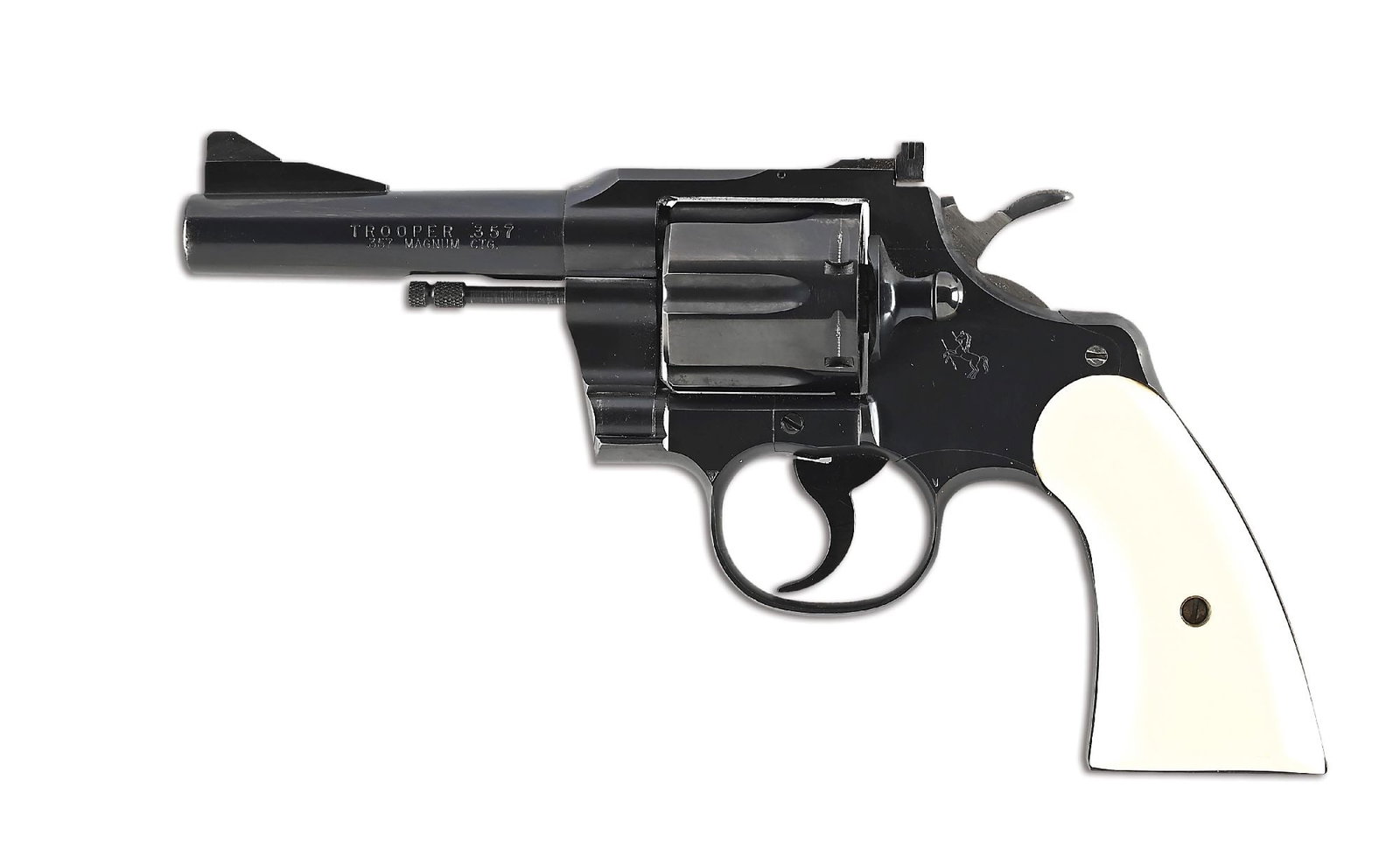 (C) COLT TROOPER PRE-MARK III .357 MAGNUM DOUBLE ACTION REVOLVER (1963): This example predates the 1969 rollout of the Mark III. This early Trooper does not have the solid rib, is fit with a ramp front sight, adjustable rear sight, blue finish and faux ivory grips. CONDITI