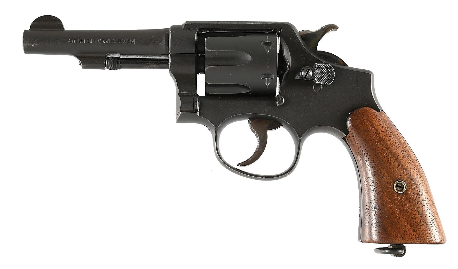 (C) US SMITH & WESSON VICTORY MODEL DOUBLE ACTION REVOLVER.: These war time Smith & Wessons were built using the square butt 5-screw K-frame with pinned barrel, half moon style front sight, parkerized finish, case color hammer and trigger, smooth walnut grips, 