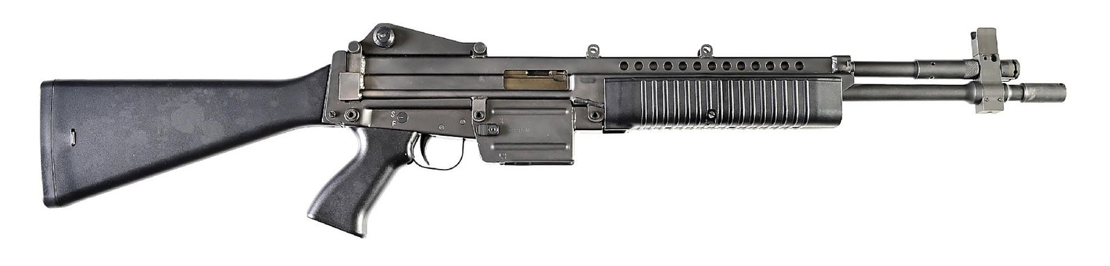 (M) ROBINSON ARMAMENT M96 EXPEDITIONARY SEMI-AUTOMATIC RIFLE.: The Robinson Armament M96 was based on the Stoner 63 and resembles it very close visually. This is the Carbine variant with a shorter barrel with integral 3-port muzzle brake, adjustable gas system, p