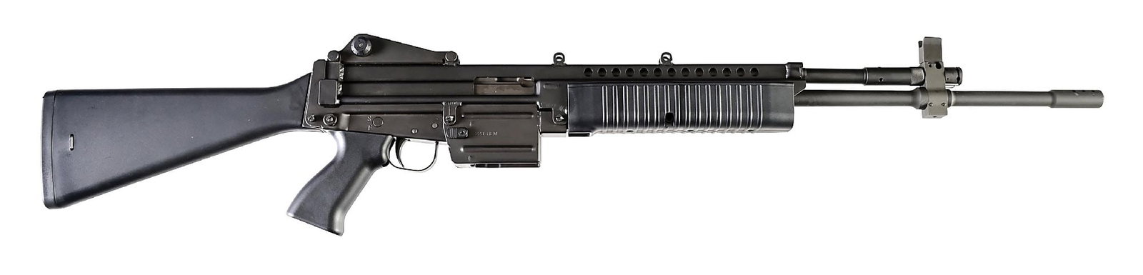 (M) ROBINSON ARMAMENT M96 EXPEDITIONARY SEMI-AUTOMATIC RIFLE.: The Robinson Armament M96 was based on the Stoner 63 and resembles it very close visually. This is the Expeditionary Rifle variant with a longer barrel with integral 6-port muzzle brake, adjustable ga