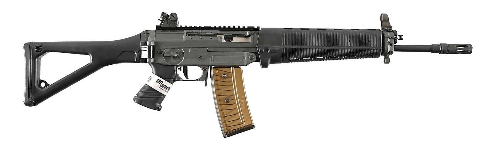 (M) SIG SAUER SIG551A1 5.56X45MM NATO SEMI-AUTOMATIC RIFLE WITH CASE.: Manufactured by SIG Sauer as an American made version of the venerable Swiss SIG 550. Matte finished barrel marked "5.56 NATO 1/7 P" on the underside with cage flash hider. Hooded blade front sight an